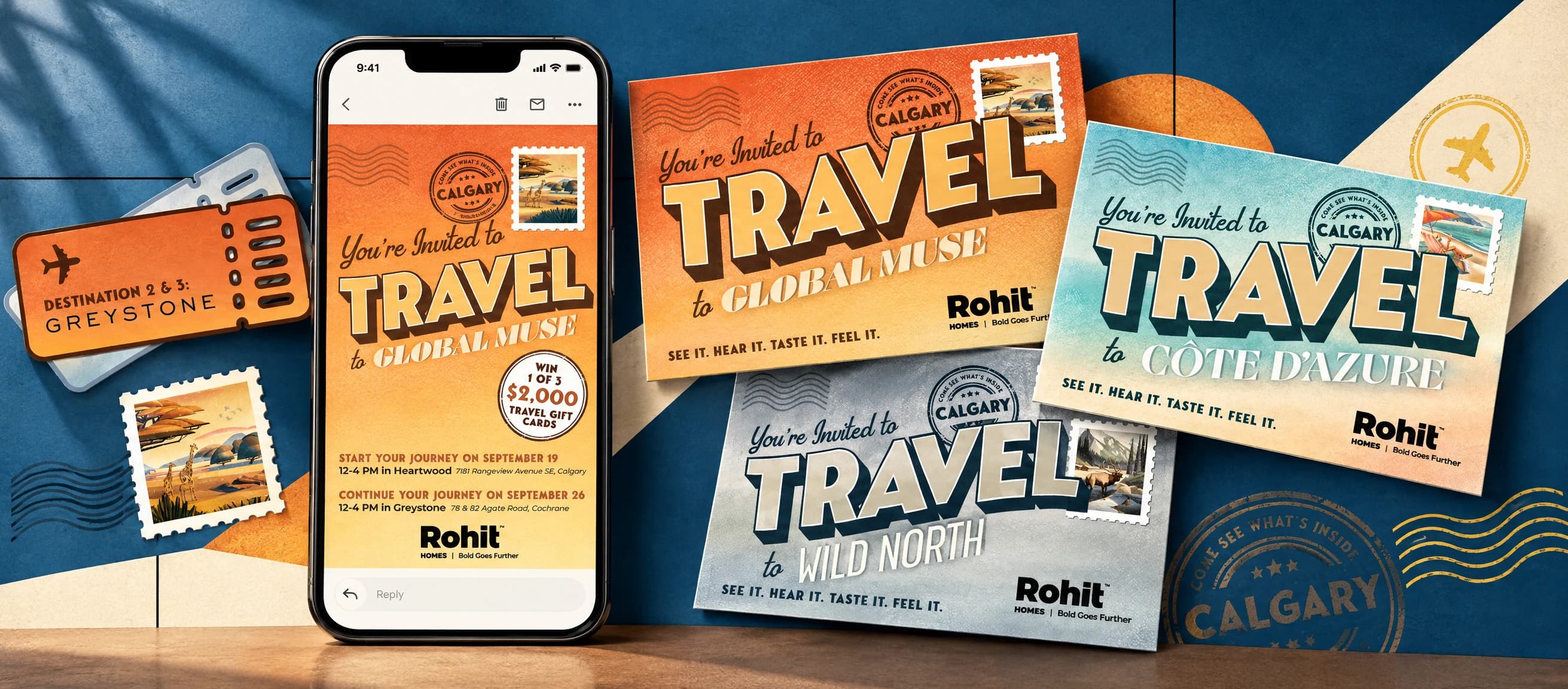 The Travel campaign for Rohit, as invitations, postcards and an email