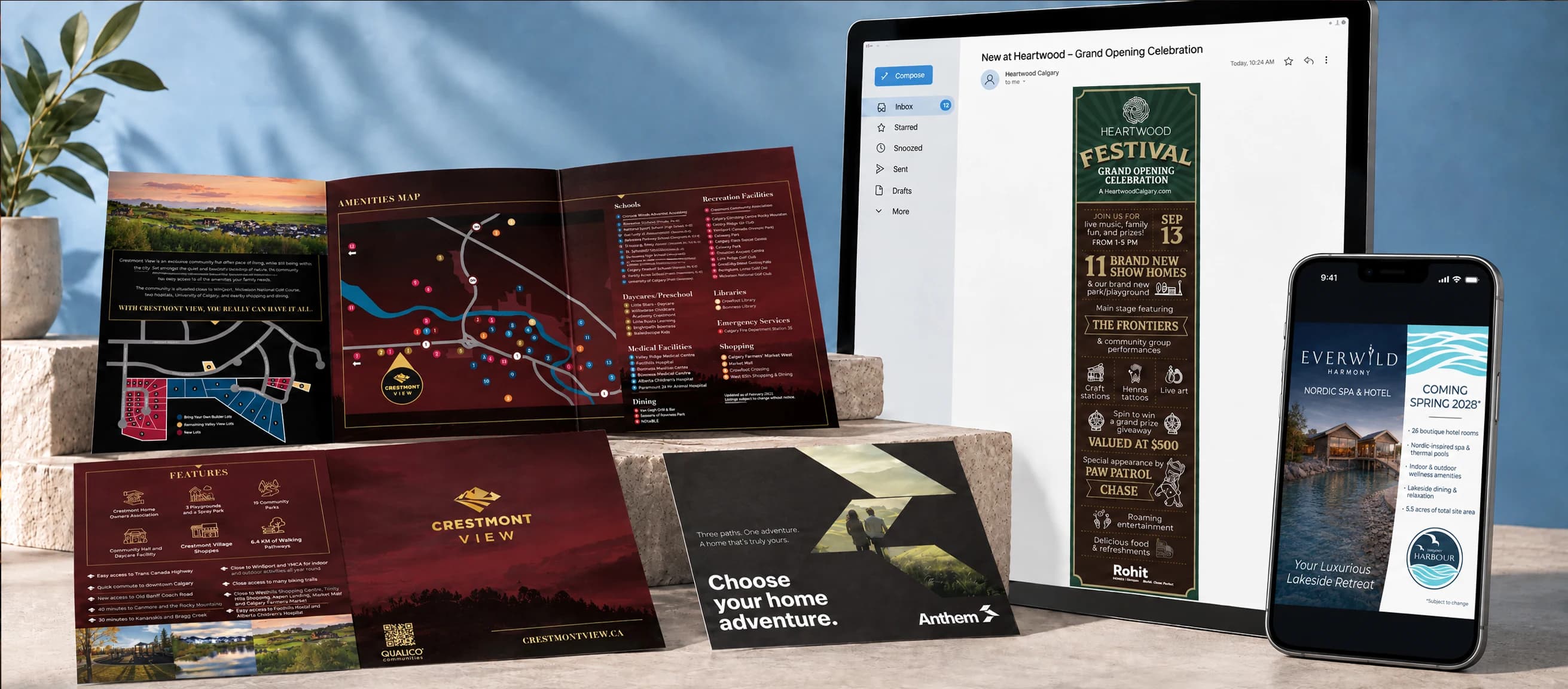 Community brochures, an email campaign and a lakeside hotel advert, produced by Shida Studio