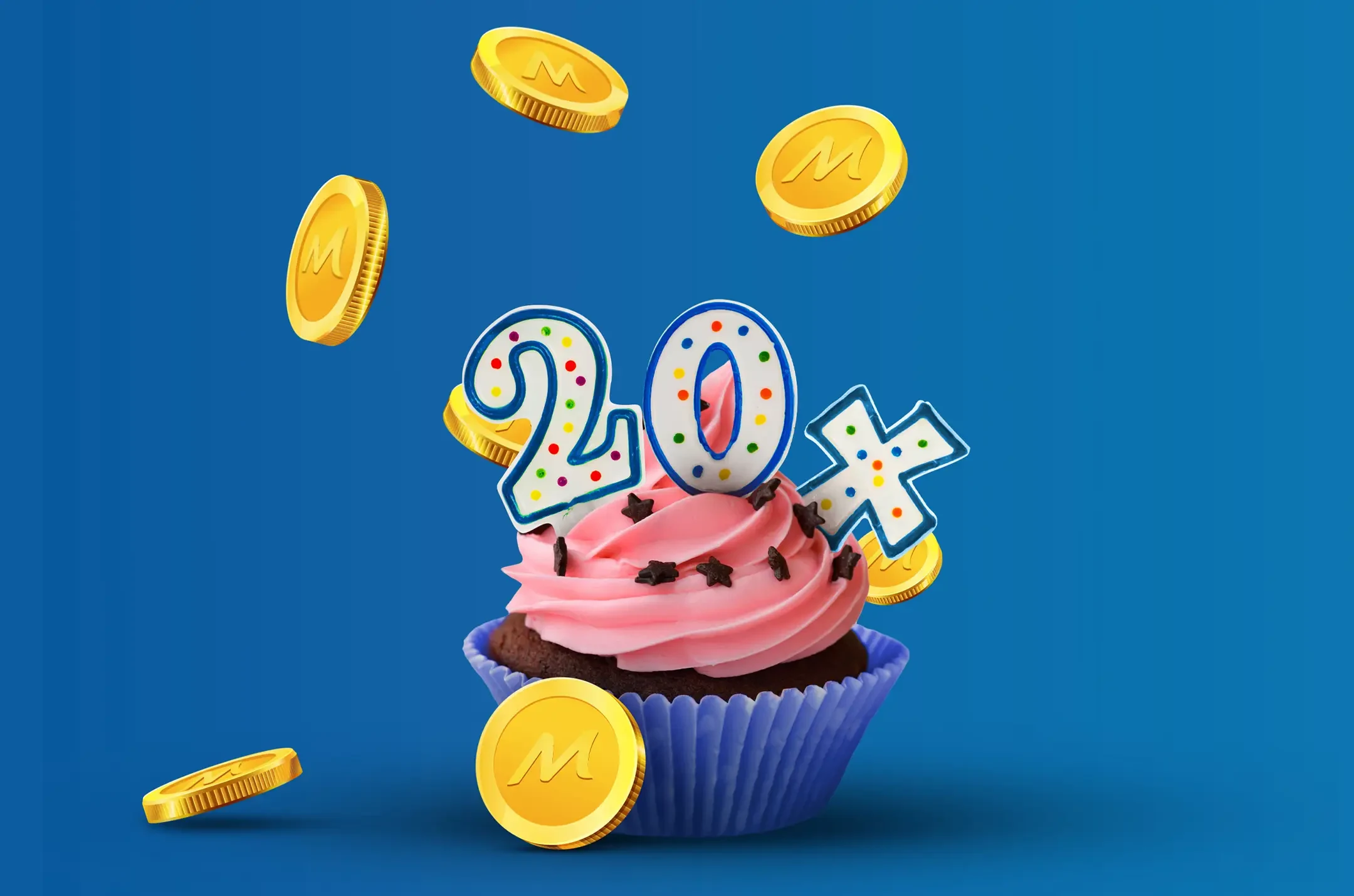 More Rewards 20x points campaign artwork, a cupcake with candles and falling coins