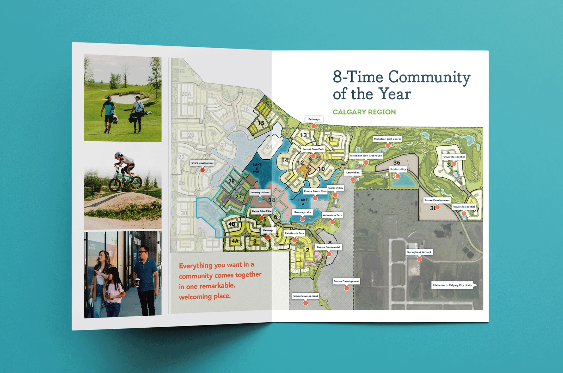 Harmony bifold brochure with the community amenities map, for Qualico Communities